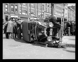 An overturned car, corner of Dartmouth and Boylston Streets, Boston