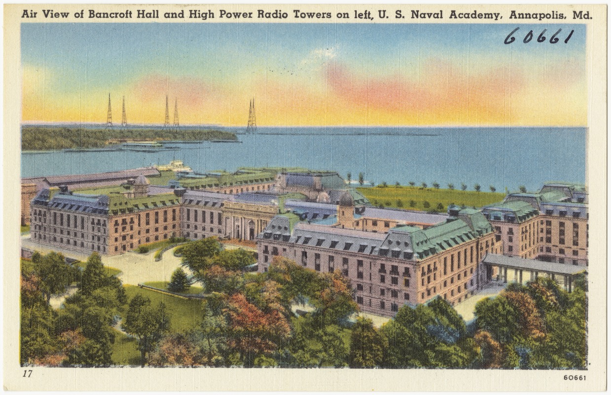 Air view of Bancroft Hall and high power radio towers at left, U. S. Naval Academy, Annapolis, Md.