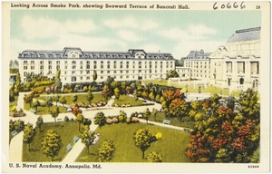Looking across Smoke Park, showing seaward terrace of Bancroft Hall, U. S. Naval Academy, Annapolis, Md.