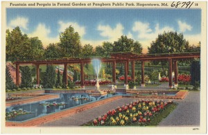 Fountain and pergola in formal garden at Pangborn Public Park, Hagerstown, Md.