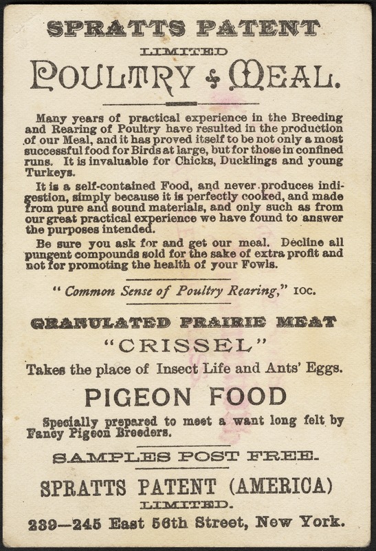 Spratt's Patent Limited. Pure Fibrine "Poultry Meal."