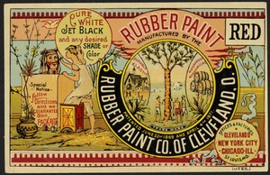 Rubber paint manufactured by the Rubber Paint Co. of Cleveland, O. Pure white, jet black and any desired shade or color.