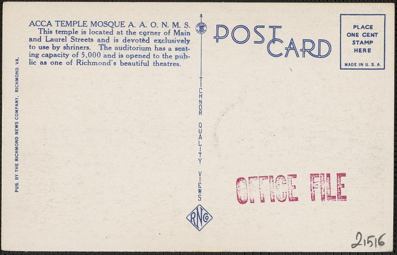 Acca Temple Mosque, A. A. O. N. M. S., Richmond, VA.