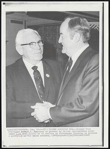 It's Mister Humphrey Now-- Former Vice President Hubert H. Humphrey is greeted by United Steelworkers president I.W. Abel (left) as he arrives in Pittsburgh Thursday to address a gathering of the union members.