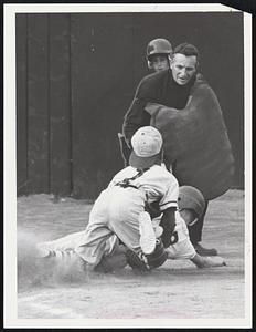 West Lynn vs Swampscott. 5th inning. John Squires (Swampscott) out @ plate tagged by catcher Miguel Keyes (West Lynn)