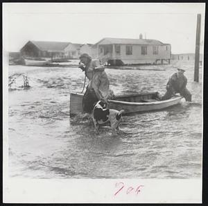 Man Your Boat is the cry as Police Lt. C. M. Blomberg (front) drags a small boat from rising waters at Morehead City, N. C., before capsizes in high tides from hurricane Ione