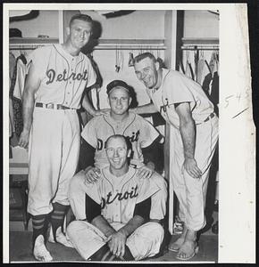 Helped Tigers Win- These four Detroit players were the big cogs in last night's 4-0 triumph over the Athletics in Kansas City, breaking a 11-game losing streak. Shown standing are Jack Phillips (left), who scored one run, and Harvey Kuenn who hit two home runs; Virgil Trucks, who allowed six hits, and Bob Wilson, who also scored a run.