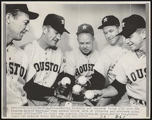Spring training got underway today 2/10 when the Houston Astros baseball team opened drills with 20 pitchers and catchers going through drills. Left to right are coaches Jim Busby, Al Heist, Nellie Fox, Gordon Jones and manager Grady Hatton.