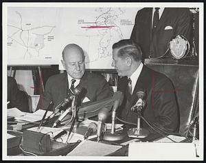 Plans Revealed - Charles Francis Adams, president of the Raytheon Corp., shown at State House with Gov. Volpe as they discussed plans for new Raytheon plant.