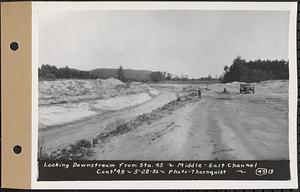 Contract No. 49, Excavating Diversion Channels, Site of Quabbin Reservoir, Dana, Hardwick, Greenwich, looking downstream from Sta. 45, middle-east channel, Hardwick, Mass., May 20, 1936