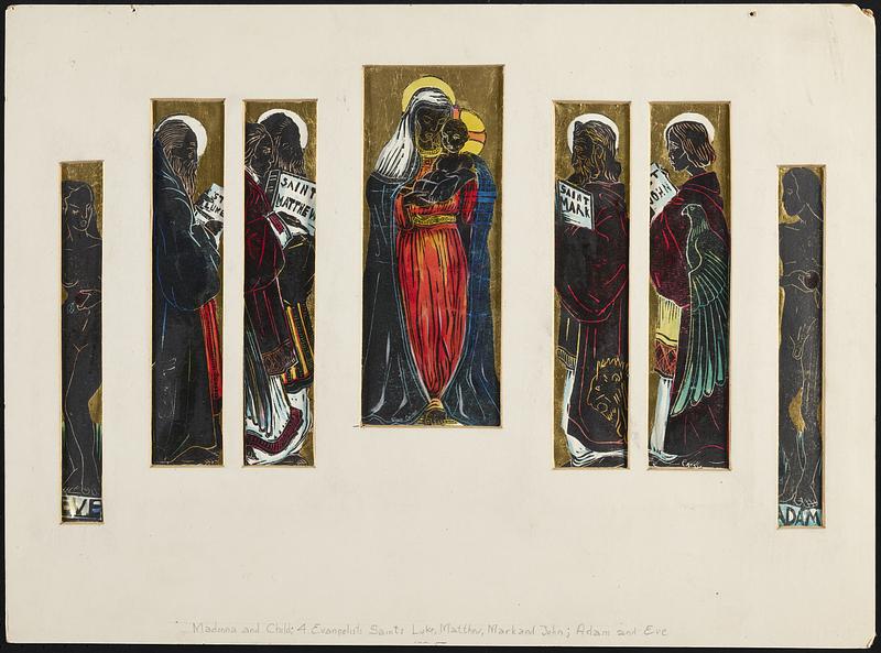 Madonna and child; 4 Evangelists Saints Luke, Matthew, Mark, and John; Adam and Eve