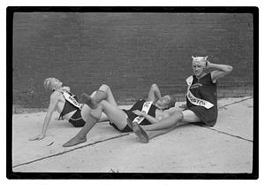 Three men posing wearing sashes, Boston Park Department Circus entertainers