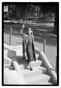 Models posing on a staircase, Boston Public Garden
