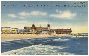 View from pier, showing beachfront and boardwalk, convention hall and hotels, Asbury Park, N. J.