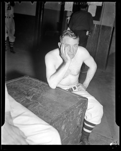 Braves manager Casey Stengel in clubhouse deep in thought
