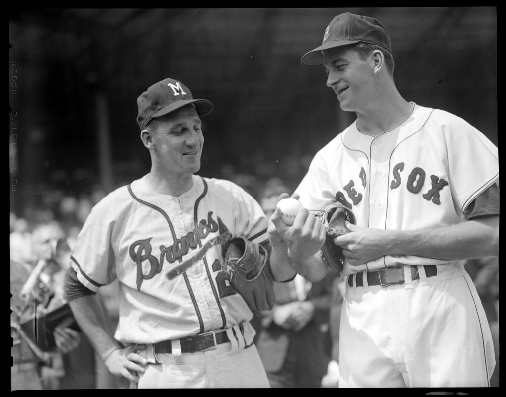 Warren Spahn of the Milwaukee Braves with Don Schwall of the Red Sox, All-Star Game at Fenway