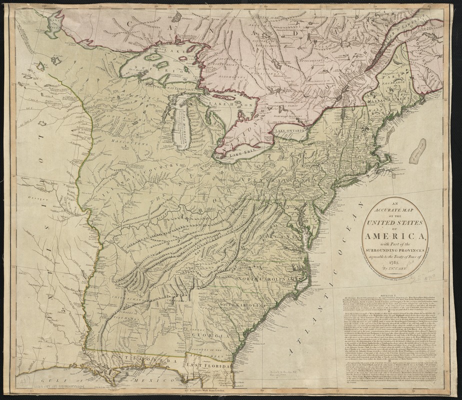 An accurate map of the United States of America, with part of the surrounding provinces agreeable to the Treaty of Peace of 1783
