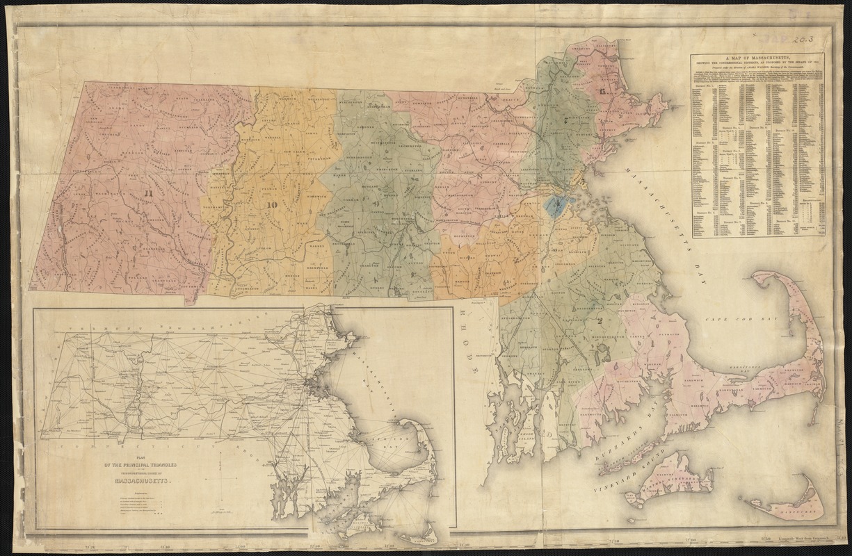 A map of Massachusetts, showing the congressional districts, as proposed by the Senate of 1852