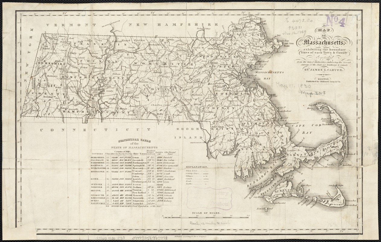 A map of Massachusetts, exhibiting the boundary lines of each town and county