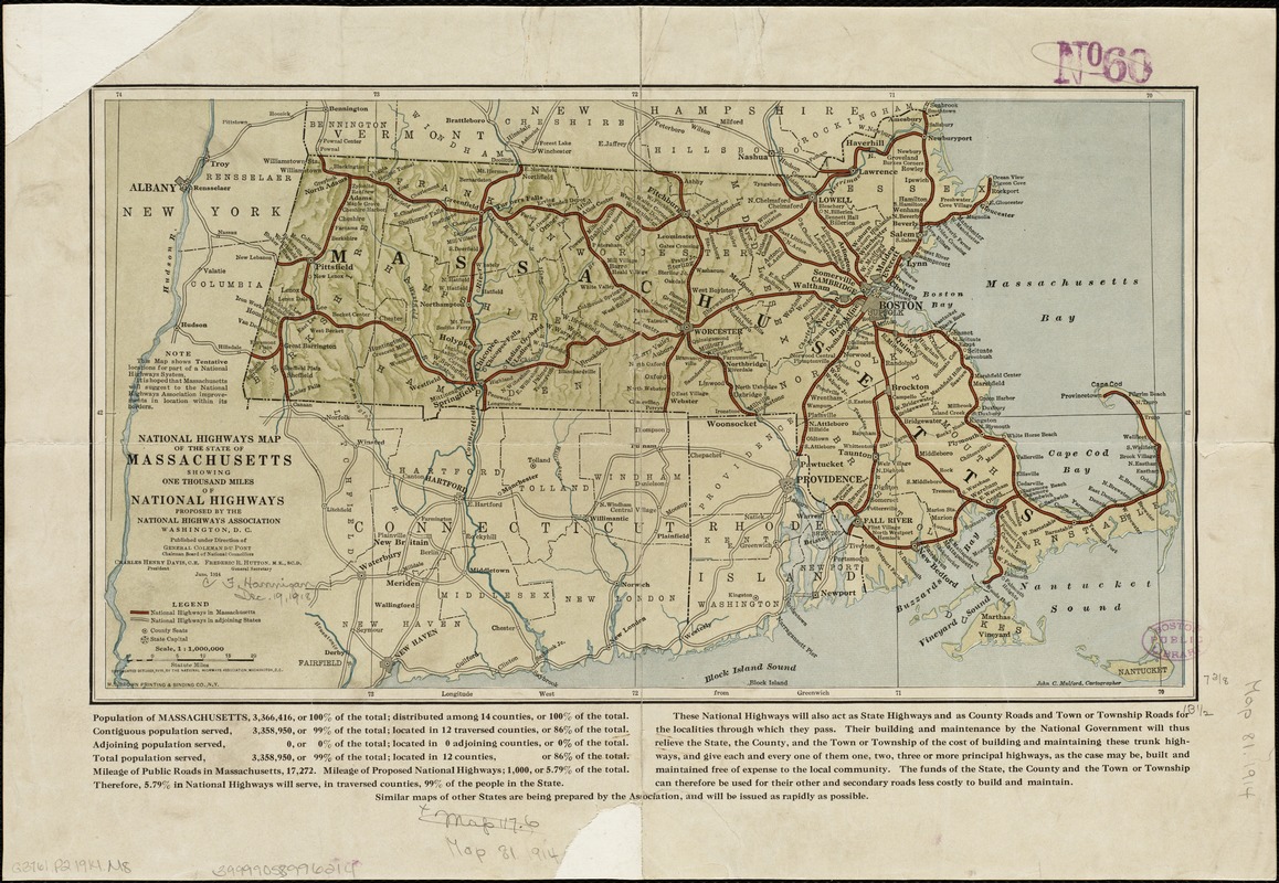 National Highways map of the state of Massachusetts showing one thousand miles of national highways proposed by the National Highways Association, Washington D.C