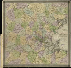 New map of the vicinity of Boston, with the dates of settlement, population in 1840, and distance from the capital