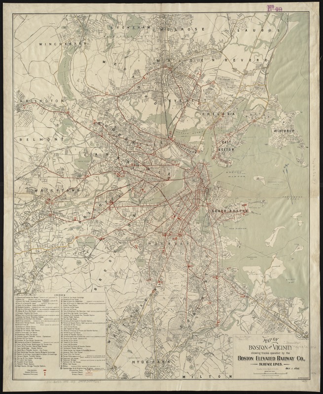 Map of Boston and vicinity showing tracks operated by the Boston Elevated Railway Co., surface lines