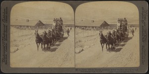 Six-horse tally-ho leaving mountain walled Gardiner for Yellowstone Park, U.S.A