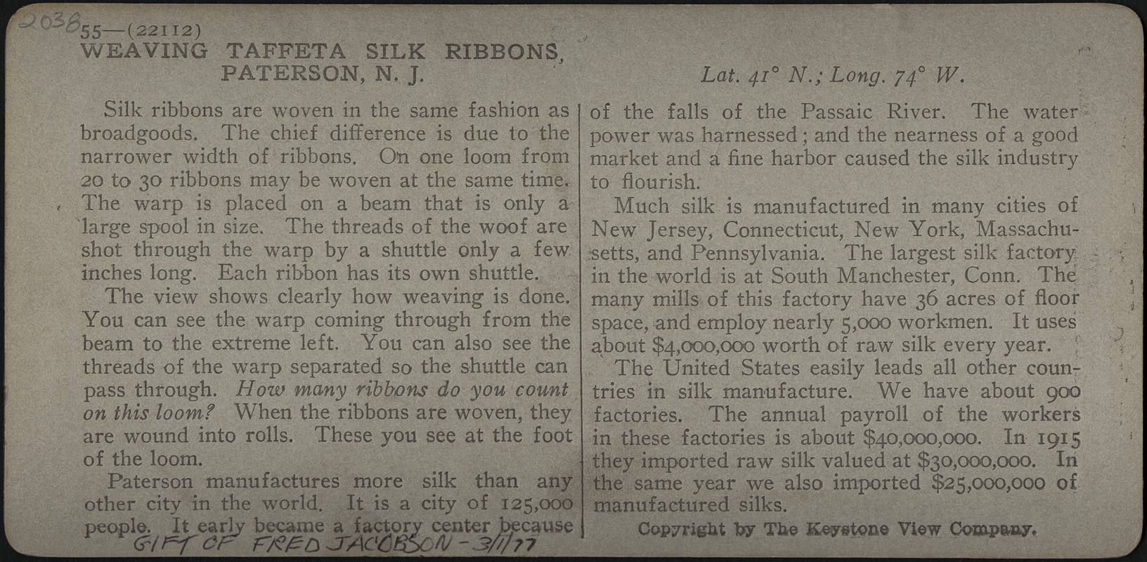 Weaving taffeta silk ribbons, Paterson, N.J.