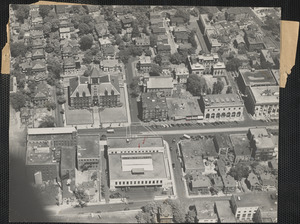 The Cambridge City Hall is shown in this aerial photo which reveals Massachusetts ave., just outside of Central sq.