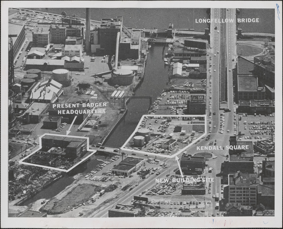 Lot of multi-million dollar office and shopping development to be built by the Badger Company, Inc., starting next spring, is shown in this aerial view of Kendall Sq. Cambridge, which also includes Badger's present buildings