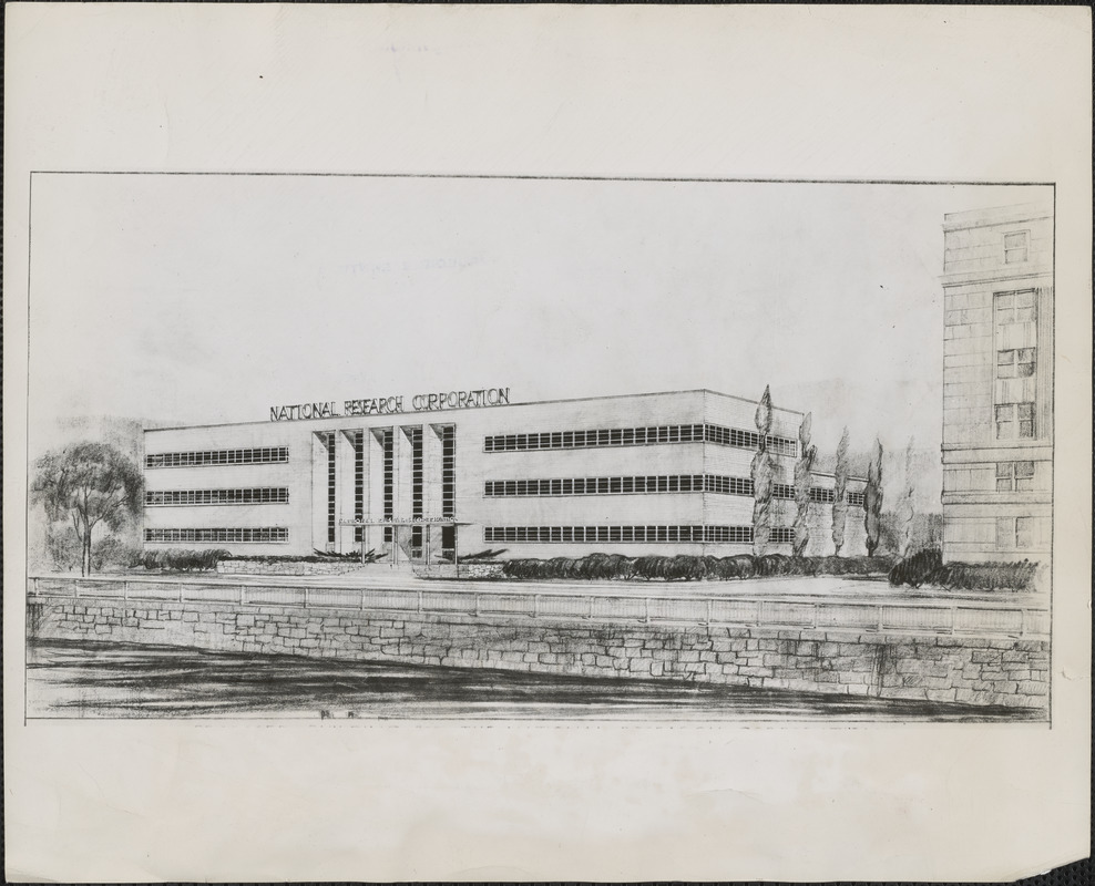 Architect's conception of new three-s[tory building on Memorial] Drive, Cambridge, that will house the National Research Corporation