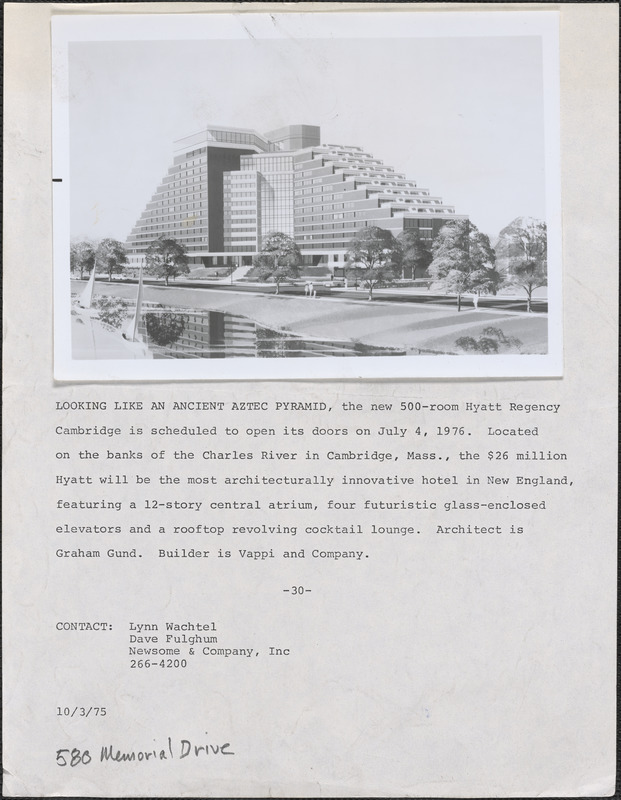 Looking like an ancient Aztec pyramid, the new 500-room Hyatt Regency Cambridge is scheduled to open its doors on July 4, 1976