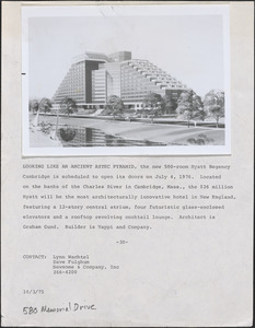 Looking like an ancient Aztec pyramid, the new 500-room Hyatt Regency Cambridge is scheduled to open its doors on July 4, 1976