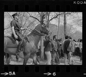 Confrontation between mounted policeman and hippies on the Boston Common