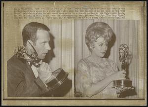 They're Tops in TV Comedy--Don Adams makes believe the Emmy he won in Hollywood last night is a miniature radio like the one concealed in his shoe in the "Get Smart" television show. He was named best actor in a comedy series by the Television Academy, while Lucille Ball, right, won the corresponding best actress Emmy for "The Lucy Show." She won the same award 14 years ago.