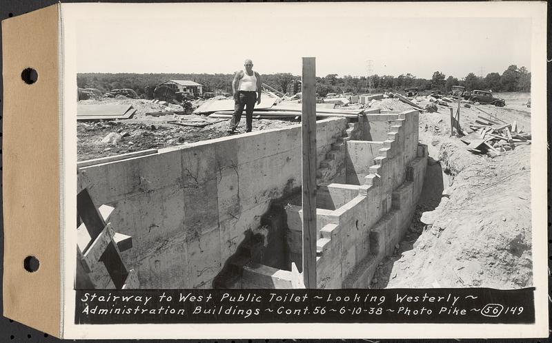 Contract No. 56, Administration Buildings, Main Dam, Belchertown, stairway to west public toilet, looking westerly, Belchertown, Mass., Jun. 10, 1938