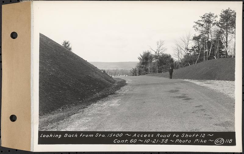 Contract No. 60, Access Roads to Shaft 12, Quabbin Aqueduct, Hardwick and Greenwich, looking back from Sta. 15+00, Greenwich and Hardwick, Mass., Oct. 21, 1938