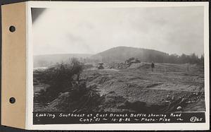 Contract No. 51, East Branch Baffle, Site of Quabbin Reservoir, Greenwich, Hardwick, looking southeast at east branch baffle showing road, Hardwick, Mass., Oct. 8, 1936