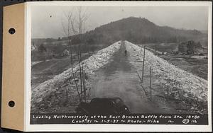 Contract No. 51, East Branch Baffle, Site of Quabbin Reservoir, Greenwich, Hardwick, looking northwesterly at the east branch baffle from Sta. 19+80, Hardwick, Mass., Jan. 5, 1937