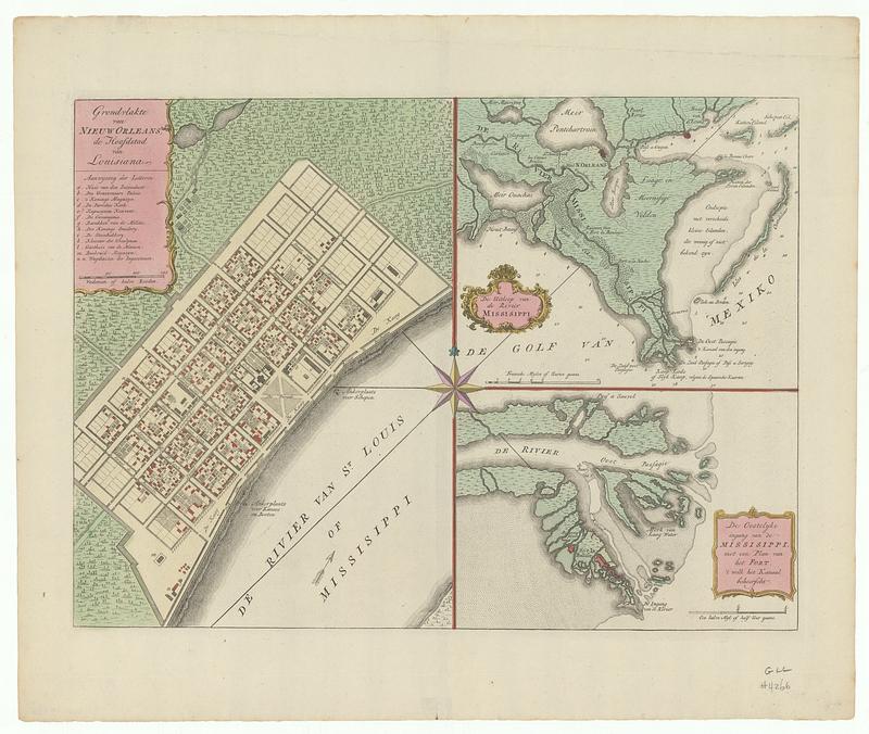 Grondvlakte van Nieuw Orleans, de hoofdstad van Louisiana ; de uitloop van de Rivier Missisippi ; de oostelyke ingang van de Missisippi met en plan van het fort, ‘t welk het kanaal beheerscht