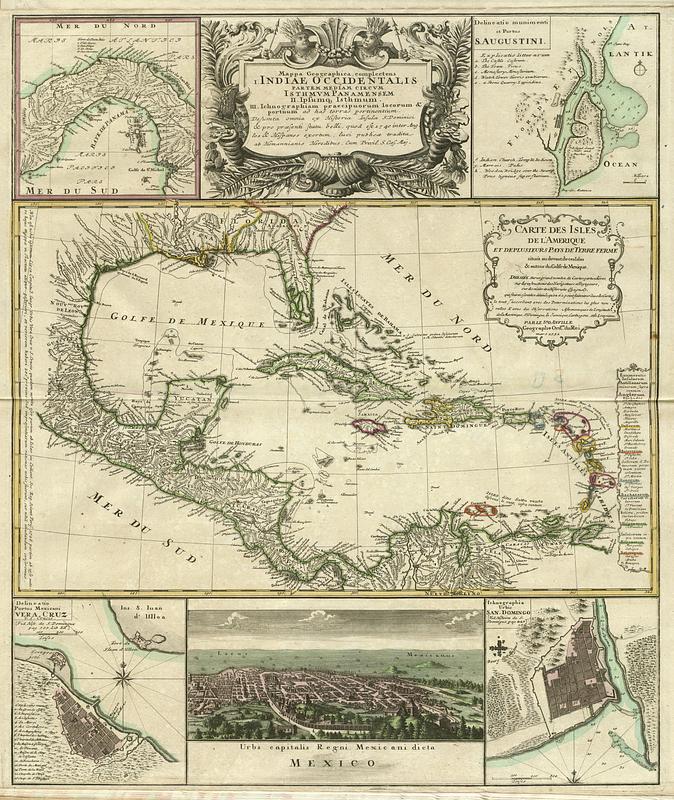 Mappa geographica complectens I. Indiae occidentalis Partem mediam circum Isthmum Panomensem II. Ipsumque Isthmum III. Ichnographiam præcipuorum Locorum & Portuum ad has Terras pertinentium
