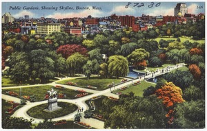 Public Gardens, showing skyline, Boston, Mass.