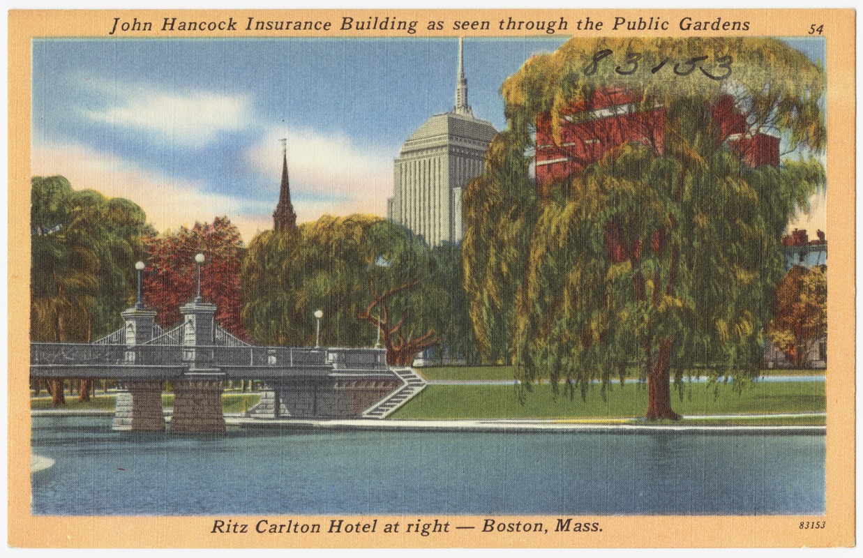 John Hancock Insurance Building as seen through the Public Gardens, Ritz Carlton Hotel at right -- Boston, Mass.