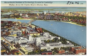 Massachusetts Institute of Technology, located in Cambridge, skyline across the Charles River is Boston, Mass.