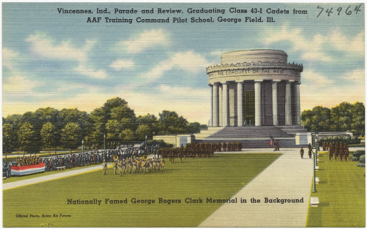 Vincennes, Ind., parade and review, graduating class 43-I cadets from AAF Training Command Pilot School, George Field, Ill., nationally famed George Rogers Clark Memorial in the background