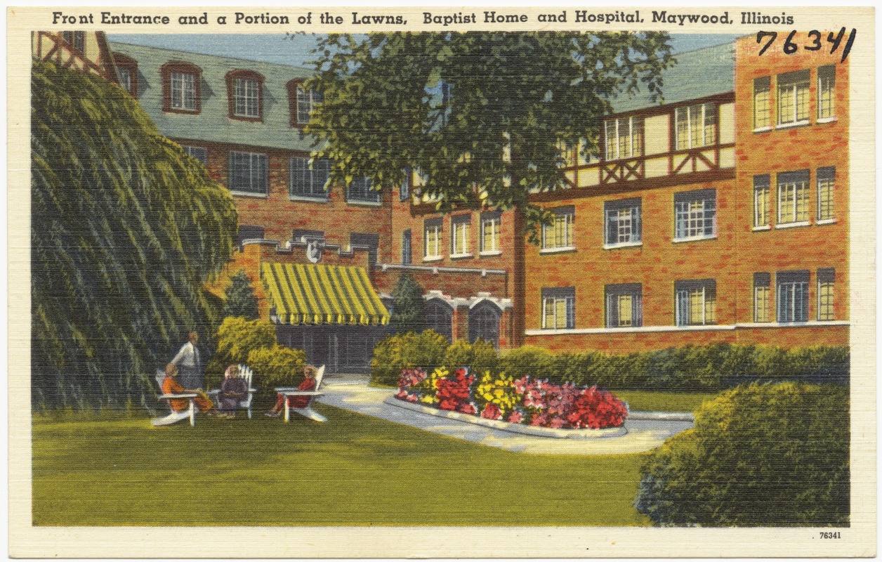 Front entrance and a portion of the lawns, Baptist Home and Hospital, Maywood, Illinois