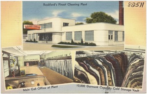 Sunshine Cleaners, Rockford's finest cleaning plant, main call office at plant, 10,000 garment capacity cold storage vault
