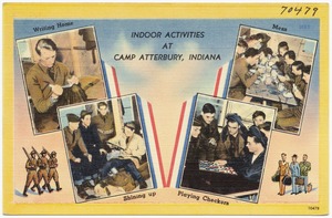 Indoor activities at Camp Atterbury, Indiana -- writing home, shining up, mess, playing checkers
