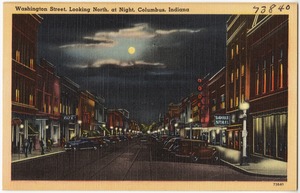 Washington Street, looking north, at night, Columbus, Indiana