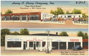 Harry A. Sharp Company, Inc., "Your Ford Home", Downtown -- 443 Virginia Ave., East Side -- Irvington Branch, 5704 East Washington Street